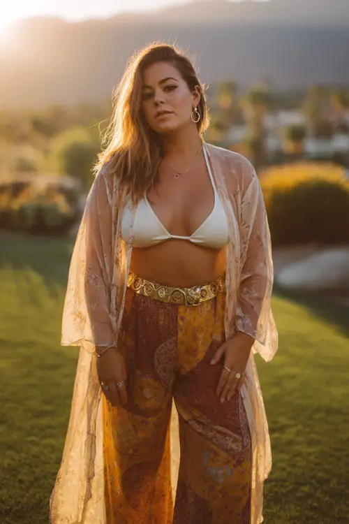 Plus size woman in sheer duster kimono, bralette, high-waisted flare pants, statement belt, chunky rings, golden hour backlight