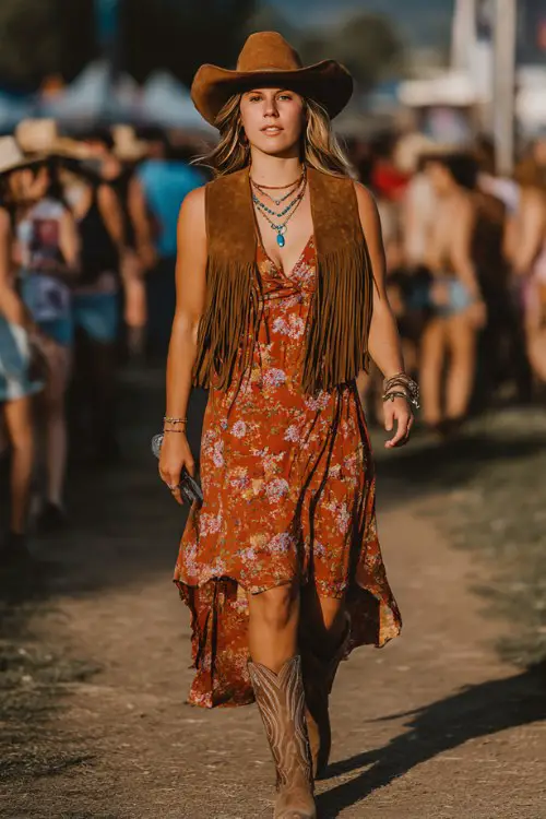 Plus-size woman walking confidently through a music festival crowd, wearing a brown suede fringe vest over a rust-orange floral wrap dress, western cowboy boots, wide-brim felt cowboy hat