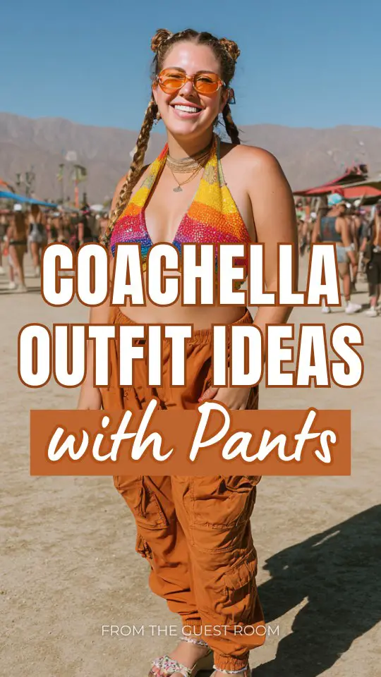 Plus-size woman wearing Coachella outfit with pants, a colorful halter top, platform sandals, tinted sunglasses