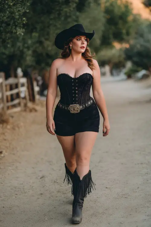 Plus-size woman wearing a black lace-up corset top, high-waisted western shorts, statement belt buckle, fringed cowboy boots, wide-brim black cowboy hat