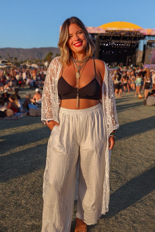 Plus size woman wearing a fitted bodysuit, sheer embroidered kimono, wide-leg flowy pants, leather sandals, layered necklaces