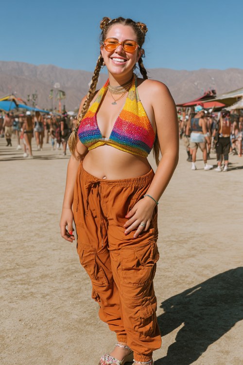 Plus-size woman wearing colorful halter top and low-rise cargo pants, platform sandals, tinted sunglasses