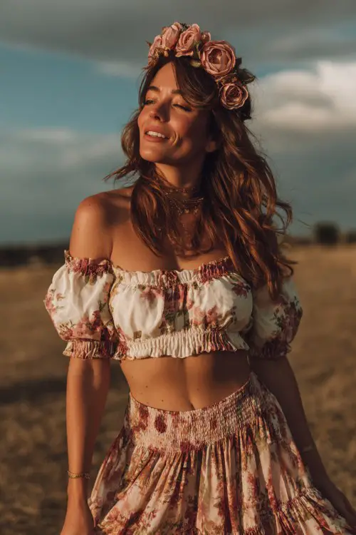 Romantic festival style with tiered floral maxi skirt, off-shoulder blouse, oversized rose flower crown