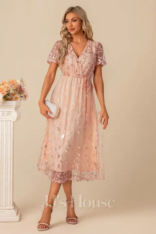 Sequins V-Neck Short Sleeve A-line Tulle Sequin Midi Dress