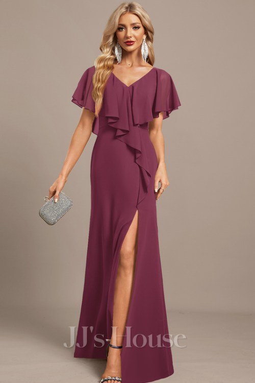 TrumpetMermaid V-Neck Floor-Length Chiffon Evening Dress With Cascading Ruffles