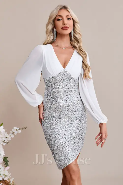 V-Neck Long Sleeve Bodycon Chiffon Sequin Asymmetrical Midi Dress