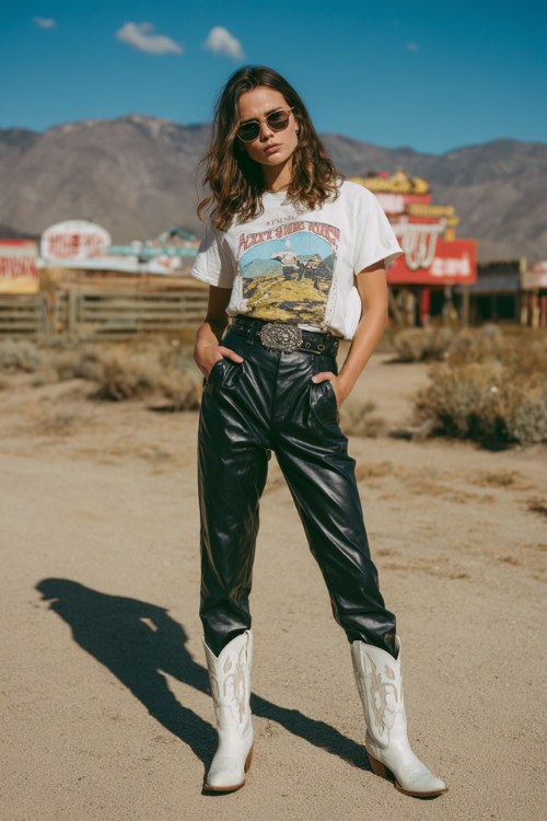 Woman in a graphic band tee tucked into leather pants, western belt, white cowboy boots