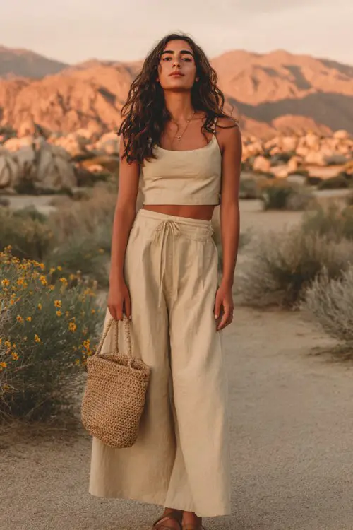 Woman in a neutral two-piece set with crop top and matching wide-leg pants, leather sandals, woven tote bag