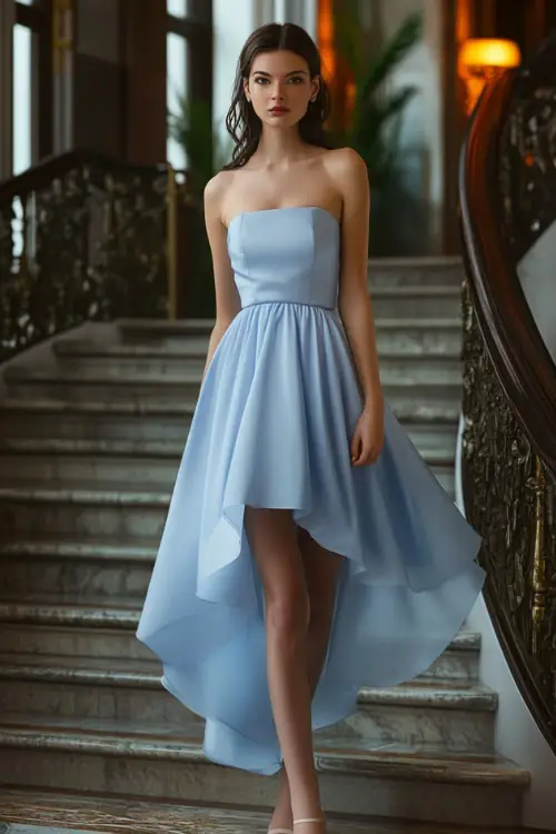 Woman in a periwinkle blue strapless midi cocktail dress with a high-low hem, standing by a grand staircase at a chic spring wedding venue.