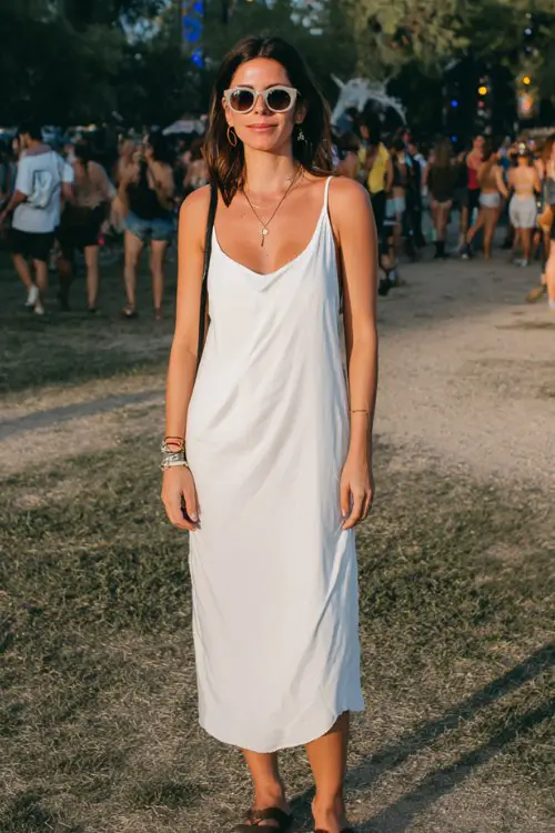 Woman in a simple slip dress, flat sandals, oversized sunglasses, minimal jewelry