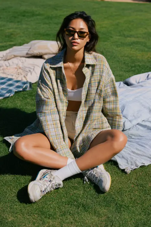 Woman in an oversized shirt worn open over a bralette and bike shorts, sneakers, sunglasses