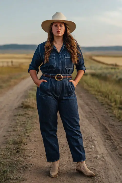 Woman standing confidently on a rural dirt road, wearing a fitted denim jumpsuit with rolled sleeves, classic cowboy boots, cream cowboy hat