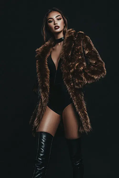 Woman styled in a faux fur jacket draped over a fitted mini dress, paired with thigh-high boots and a sleek ponytail.