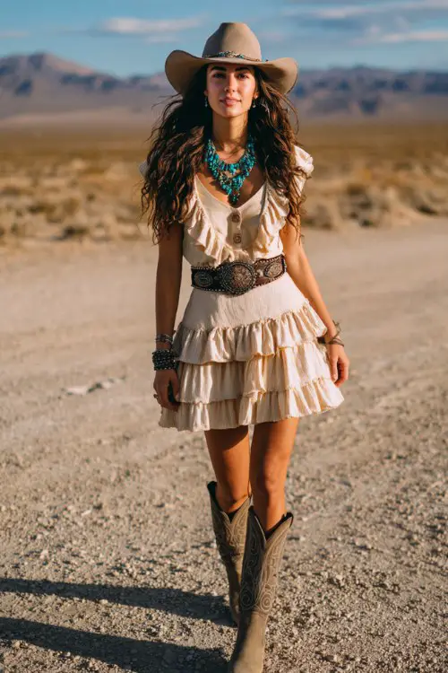 Woman wearing a beige tiered ruffle mini dress, western belt, tall cowboy boots, wide-brim hat