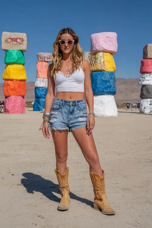 Woman wearing a white cropped tank top, high-waisted denim shorts, tan cowboy boots, oversized sunglasses