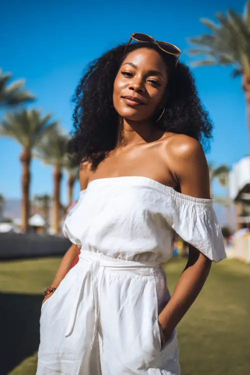 a Black woman wears a white off shoulder jumpsuit