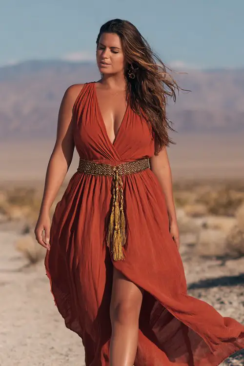 a curvy woman wearing a rust-colored bohemian maxi dress with a deep V neckline and flowy fabric, cinched at the waist with a thin braided gold rope belt with long tassels