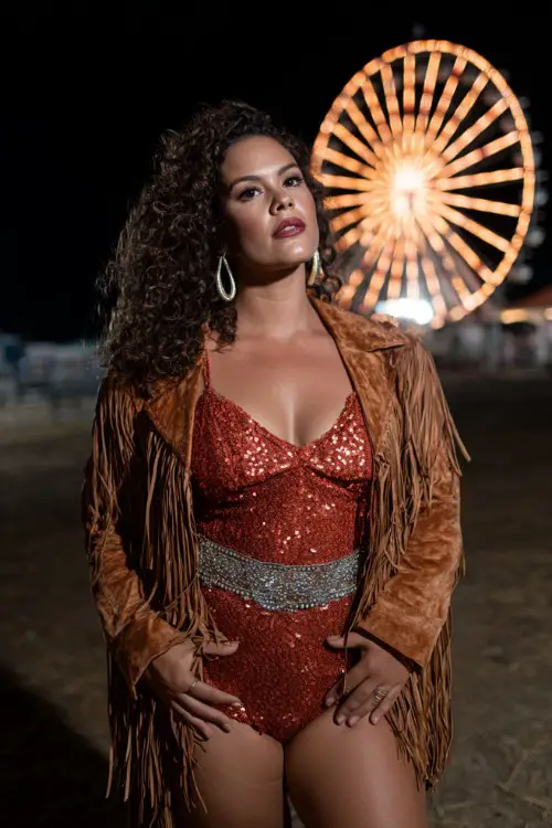a plus-size woman posing at a nighttime country fair, wearing a sparkling rust-red sequin bodysuit, brown suede fringe jacket, statement belt, and metallic fringe cowboy boots