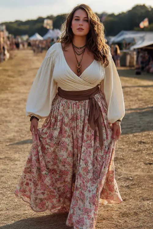 a plus-size woman wearing a cream deep V peasant blouse with voluminous long sleeves tucked into a high-waisted floral maxi skirt in soft pink and beige tones