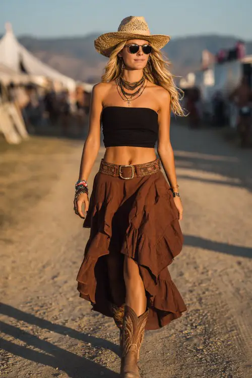 a stylish boho cowgirl woman wearing a black strapless crop top, layered necklaces and choker jewelry, rust brown high-low ruffle skirt with a western belt, brown cowboy boots (2)