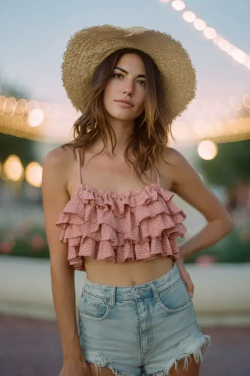 a woman outdoors at golden hour with soft bokeh string lights in the background. She wears a pink floral ruffled crop top with thin straps, high-waisted light-wash denim shorts with frayed hem