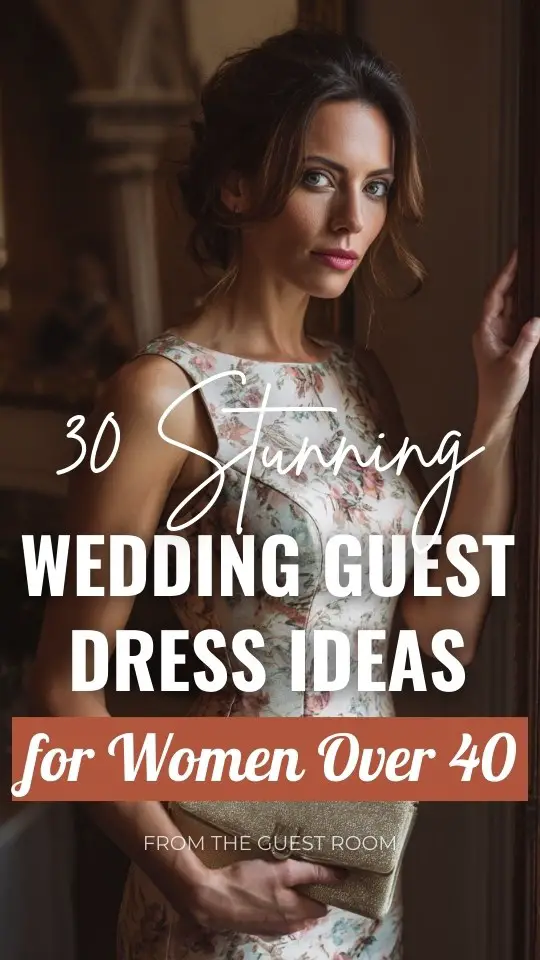 a woman over 40 in tea-length wedding guest dress, delicate floral texture, slim silhouette, classy clutch bag