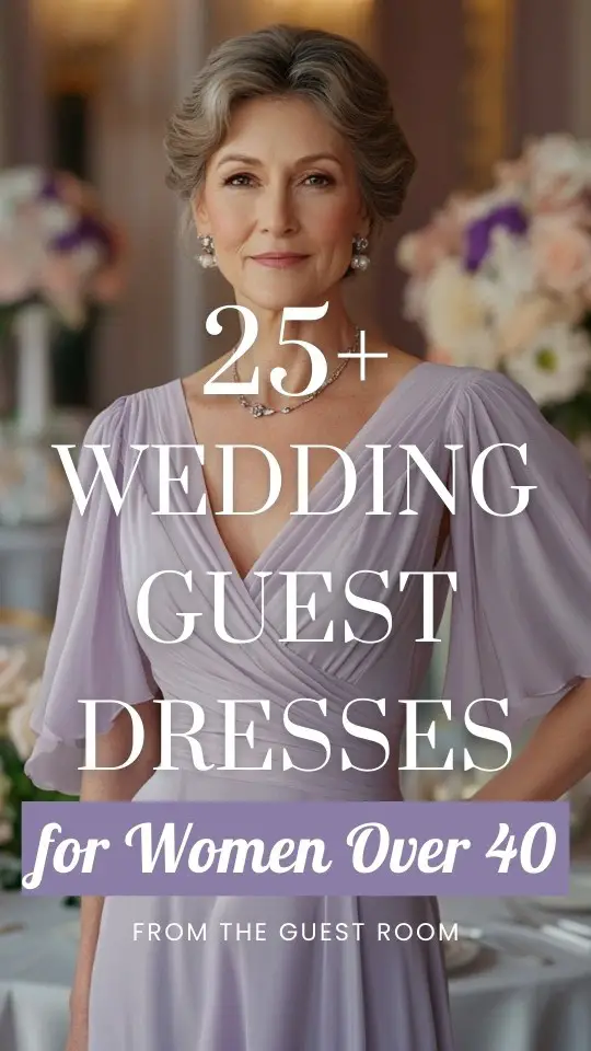 a woman over 40 wears a purple wedding guest dress