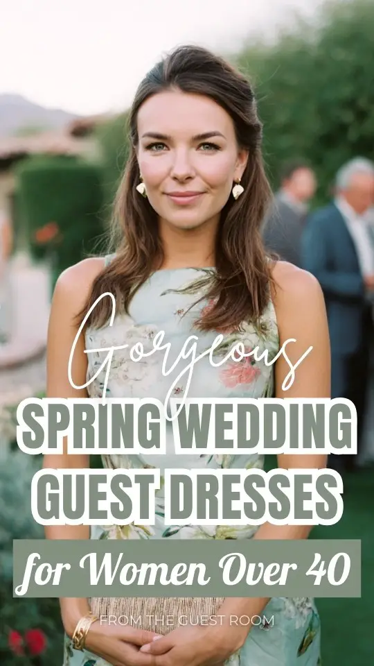 a woman over 40 wears a spring wedding guest dress, woven clutch, garden ceremony setting