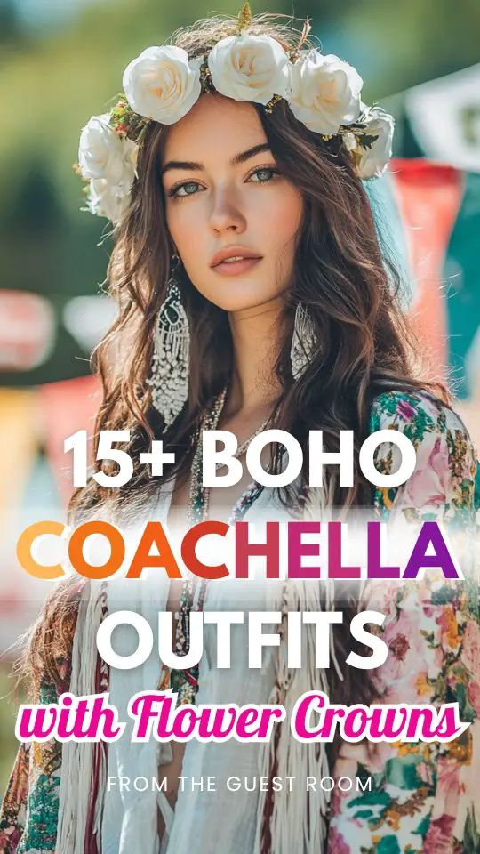 a woman wears a boho dress with a flower crown