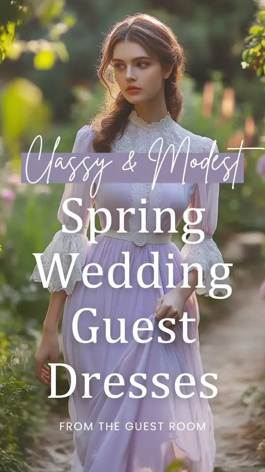 a woman wears a classy and modest spring wedding guest dress