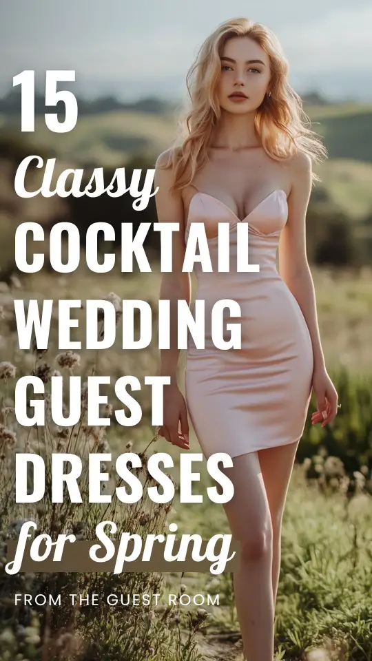 a woman wears a cocktail wedding guest dress for spring wedding