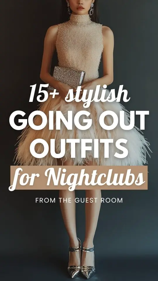 a woman wears a cream dress for going out at a nightclub