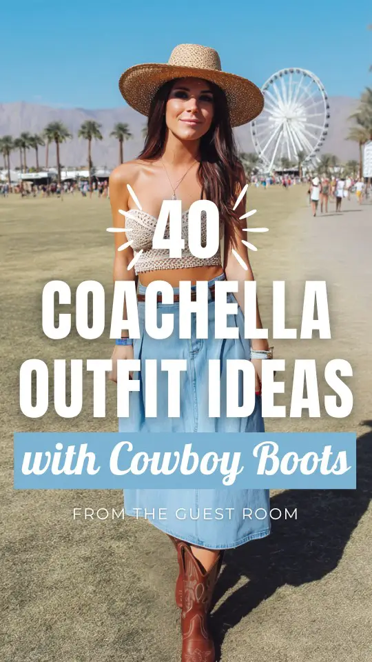 a woman wears a crochet top, midi denim skirt and cowboy boots for Coachella