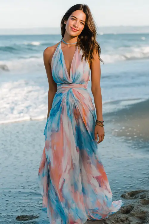 a woman wears a flowy chiffon blue pink wedding guest dress at a beach wedding
