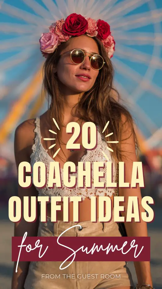 a woman wears a summer Coachella outfit with a crochet crop top and high-waisted suede shorts, bold red and pink flower crown, round sunglasses