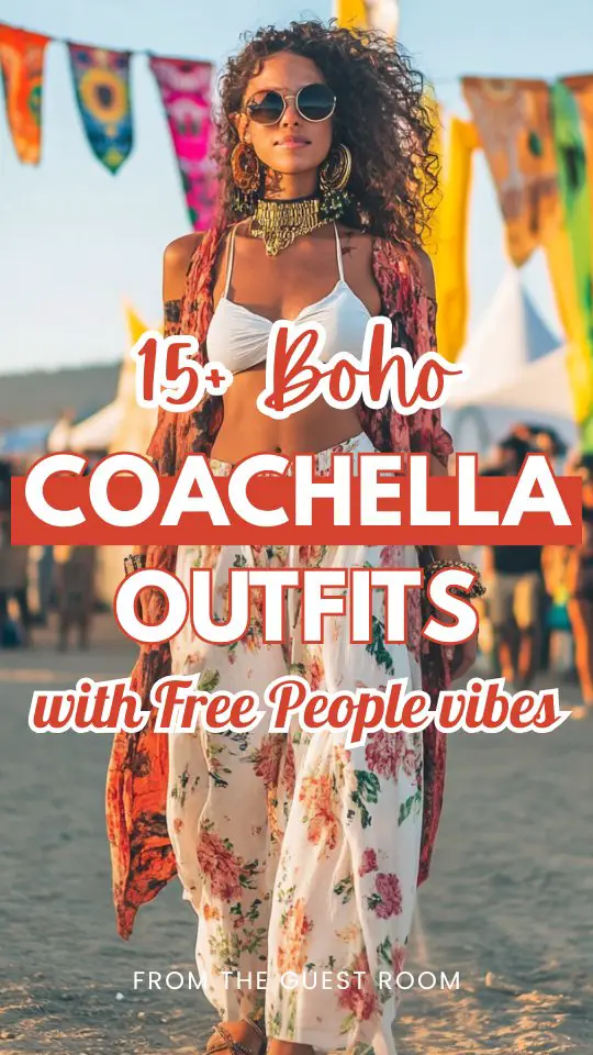a woman wears a top and boho pants with Free People vibe for Coachella