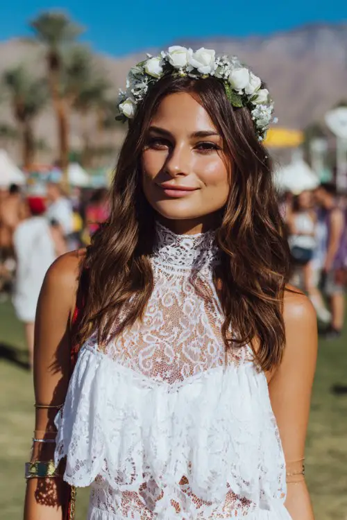 a woman wears a white lace boho dress with flower crown at coachella festival