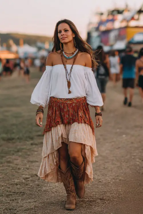 a woman wears an off-shoulder white peasant blouse with billowy sleeves, layered bohemian skirt in rust and cream tones