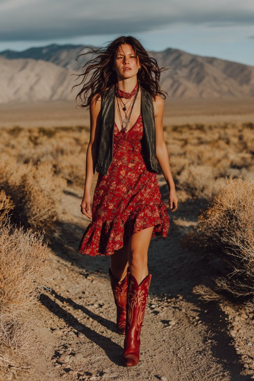 Festival-ready woman in silver cowboy boots and stylish outfit at outdoor event