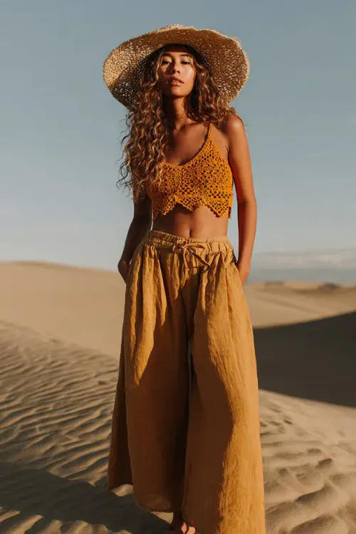 bohemian desert fashion shoot, woman standing on sand dunes wearing a mustard crochet crop top, high-waisted linen wide-leg pants in earthy tan