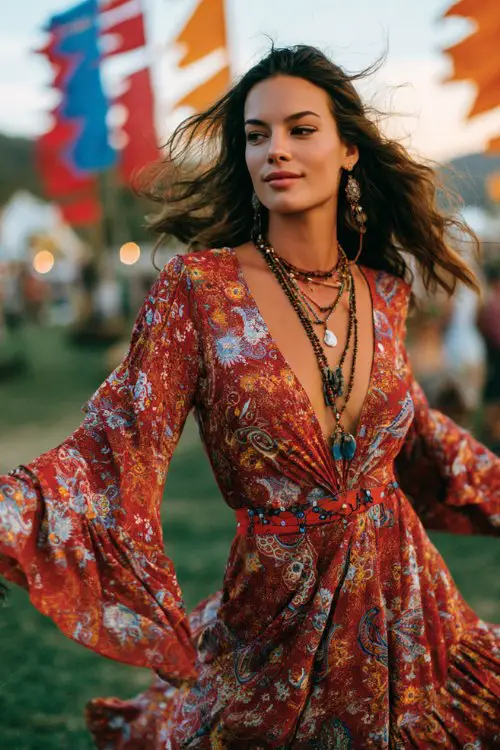 bohemian festival fashion model twirling in a flowing floral boho dress with bell sleeves and deep v neckline, intricate paisley floral patterns, layered necklaces and statement earrings