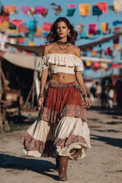 boho festival fashion model wearing an off-shoulder ruffled cream crop top, layered rust and cream tiered boho skirt with lace trim, western cowboy boots