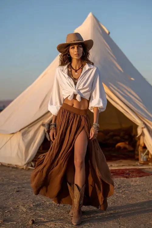 boho western fashion model standing in front of a glowing canvas camping tent at sunset, wearing a white knotted crop blouse with loose sleeves, high-waisted flowy brown skirt with slit