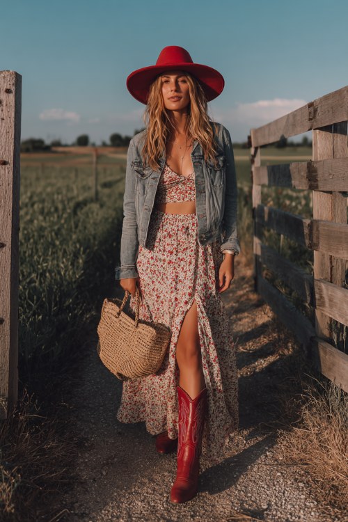 country boho outfit, woman wearing a floral maxi skirt with a high slit, cropped floral top, denim jacket, red wide-brim hat, holding a woven straw bag