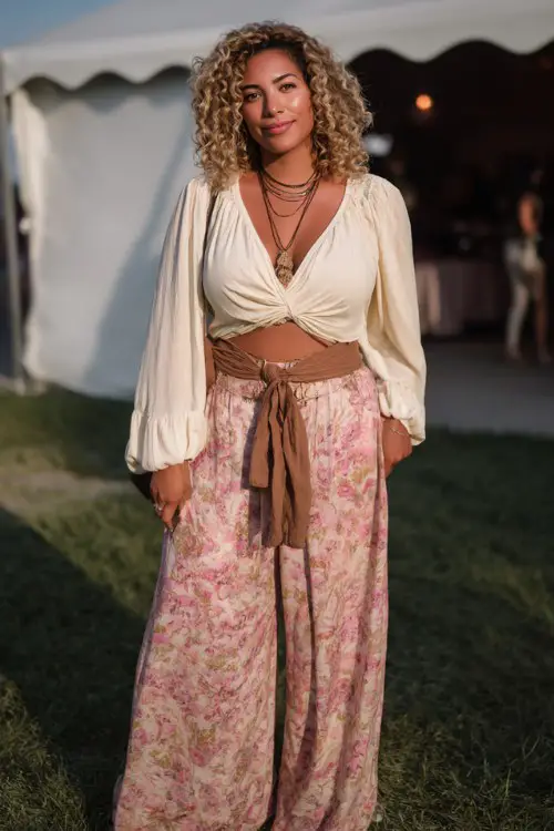 curvy woman wearing a cream deep V peasant blouse with billowy long sleeves tucked into high-waisted flowy wide-leg floral pants in soft pink and beige tones