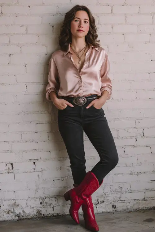 minimal chic western outfit, woman leaning against a white brick wall wearing a silky blush pink blouse tucked into dark skinny jeans, western belt buckle, layered necklace