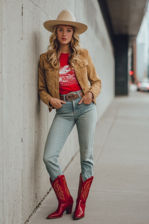 modern western fashion portrait of a stylish woman wearing light blue skinny jeans, a red graphic tee, tan suede jacket, western belt with large buckle, beige cowboy hat