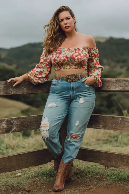plus-size woman wearing an off-the-shoulder floral crop top with bell sleeves, high-waisted distressed skinny jeans, statement western belt, brown cowboy boots
