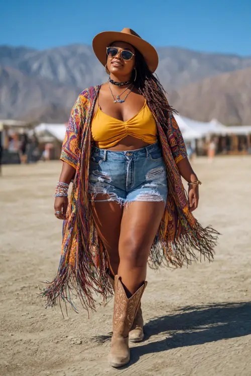 plus-size woman wearing high-waisted distressed denim shorts, fitted crop top, long fringe kimono, cowboy boots, stacked bracelets, wide-brim hat