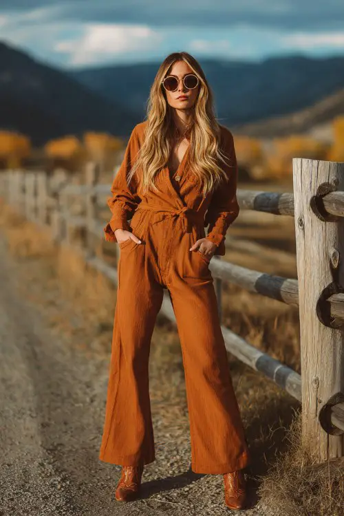 stylish cowgirl wearing a rust brown belted western jumpsuit with wide flared legs, paired with brown heeled cowboy boots and oversized round sunglasses
